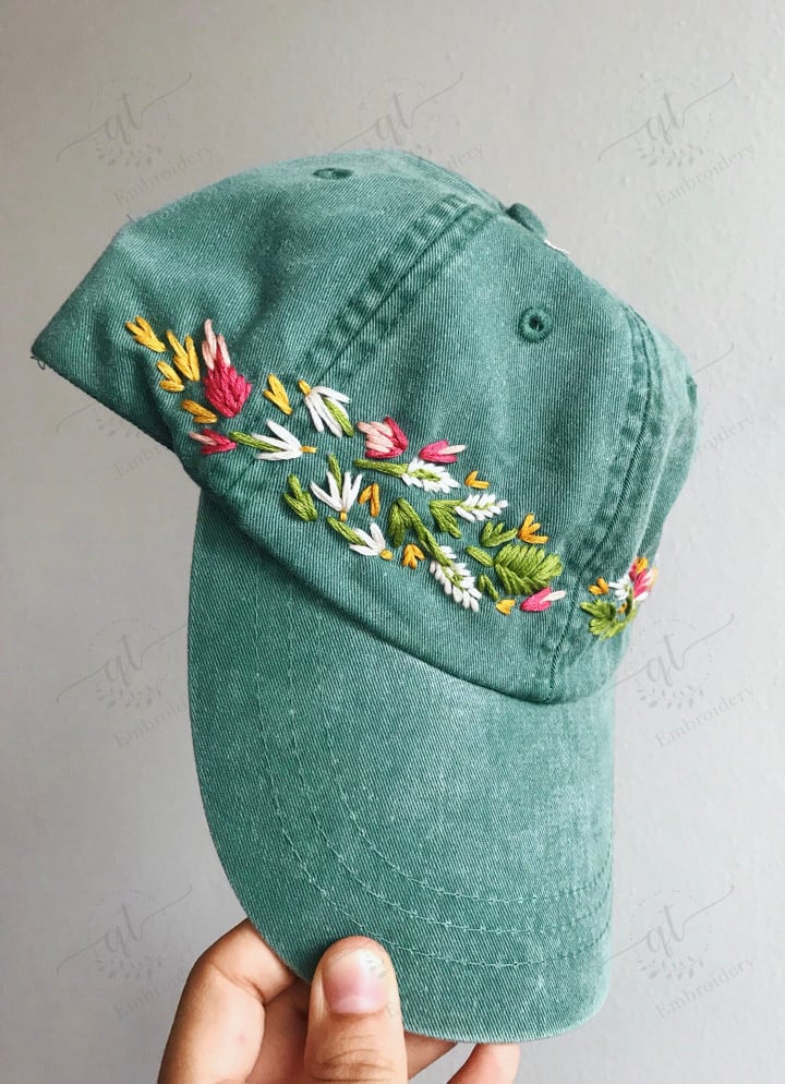 Navy Khaki Baseball Cap, Colorful Summer Cap, Birthday Gift, Personalized Gift, Wild Flower Cap, Embroidered Flower Cap, Vintage Hat For Woman