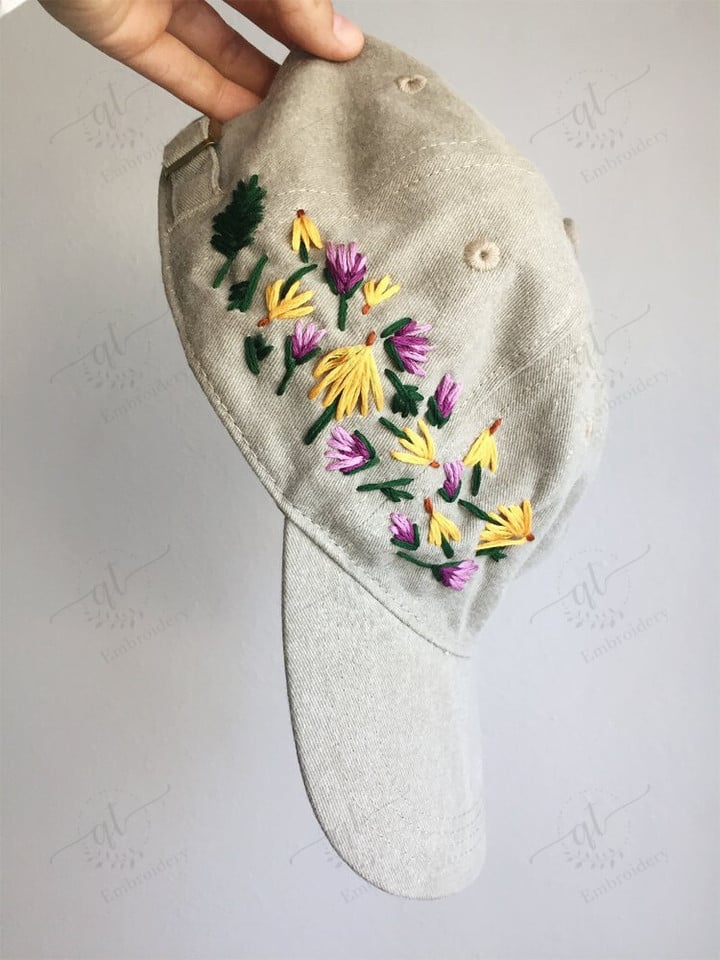 Hand Embroidered Baseball Cap With Flowers, Floral Embroidery Hat, Embroider Woman Cap, Curve Brim Summer Cap, Flower Lover Gift