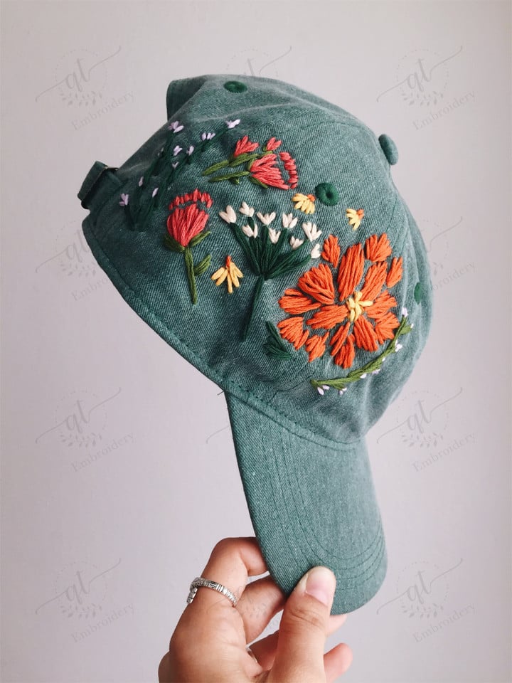 Baseball Hat, Hand Embroidered Vintage Style Hat, Colorful Sun Summer Cap, Embroidered Mushroom Hat, Cap for Women