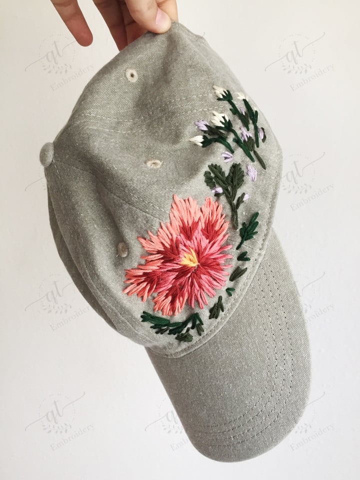 Daisy And Pink Rose Baseball Hat, Washed Coton Baseball Cap, Floral Hand Embroidered Baseball Cap, Hand Embroidery Hat, Vintage Hat