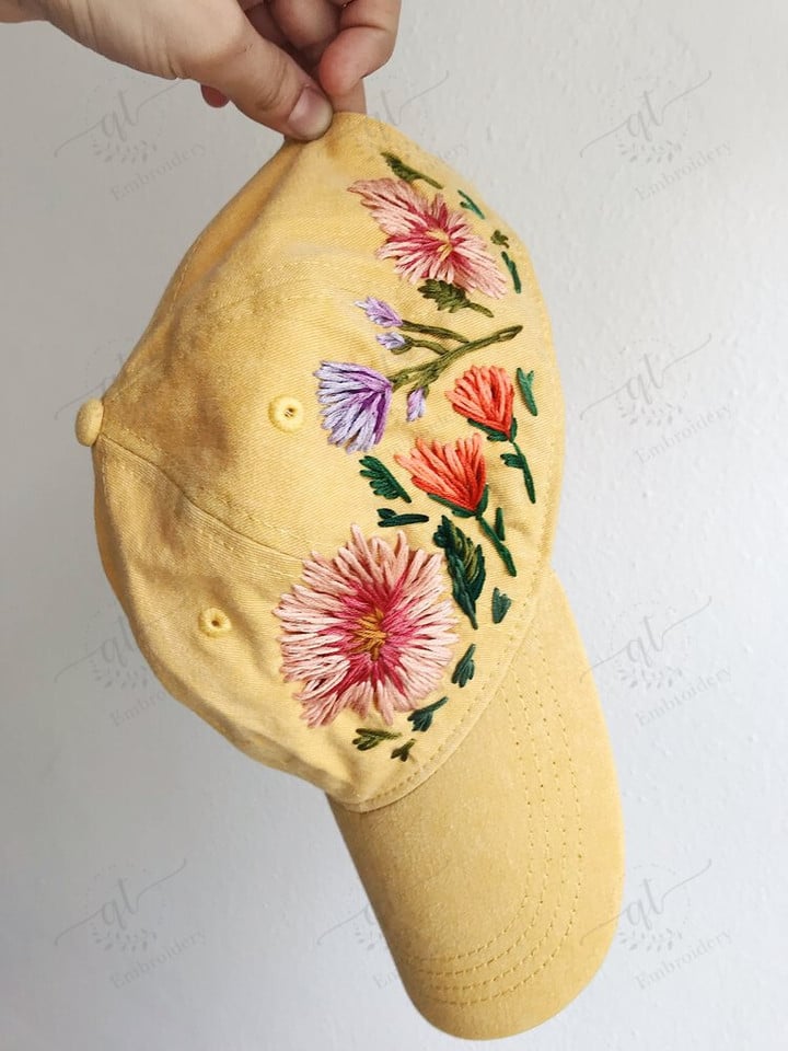 Colorful Hand Embroidered Floral Baseball Cap, Garden Sun Hat, Wash Cotton Baseball Cap, Hand Embroidered Hat, Vintage Hat For Woman