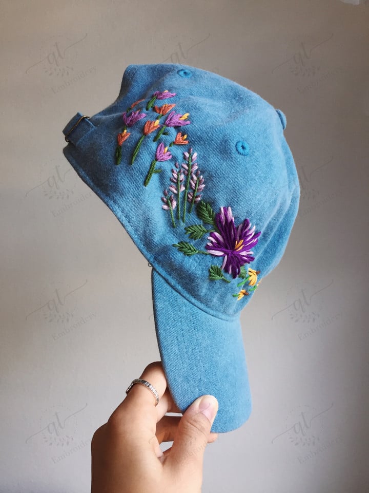 Flower Mix Garden Baseball Hat, Hand Embroidered Vintage Style Hat, Colorful Sun Summer Cap, Embroidered Flower Hat, Cap for Women