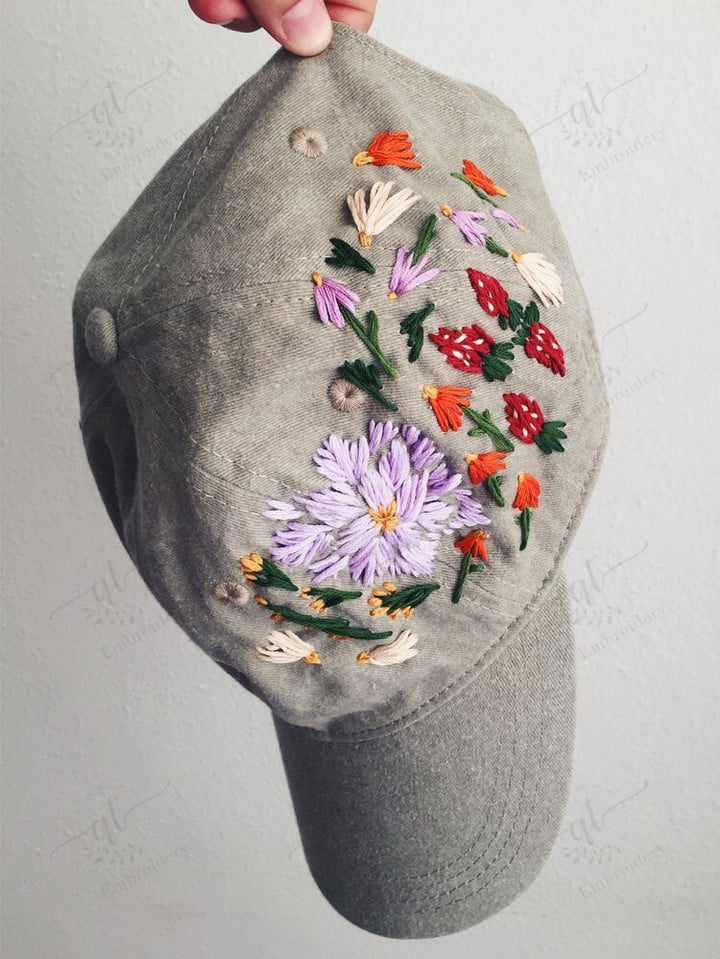Embroidered Hat, Wash Cotton Baseball Cap, Hand Embroidered Flower Garden Hat, Sweet Flowers Baseball Hat, Colorful Summer Cap