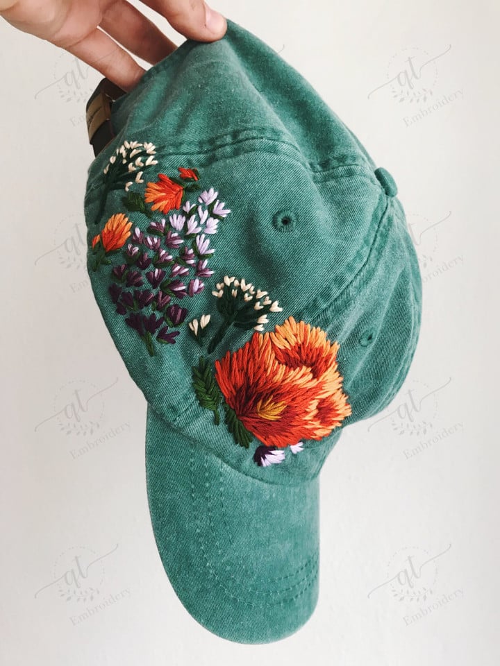 Hand Embroidered Flower Garden Cotton Baseball Cap, Floral Embroidered Hat, Embroidered Baseball Caps, Gardener Gift, Girlfriend Gift