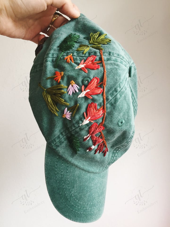 Embroider Flower Hat, Hand Embroidered Multi Color Sun Hat, Curve Brim Summer Cap, Vintage Hat For Woman, Embroidered Flower Cap