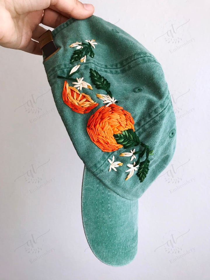 Flower GreenEmbroidered Hat, Flower Hat, Curved Brim Baseball Hat, Colorful Summer Cap, Hand Embroidered Baseball Cap