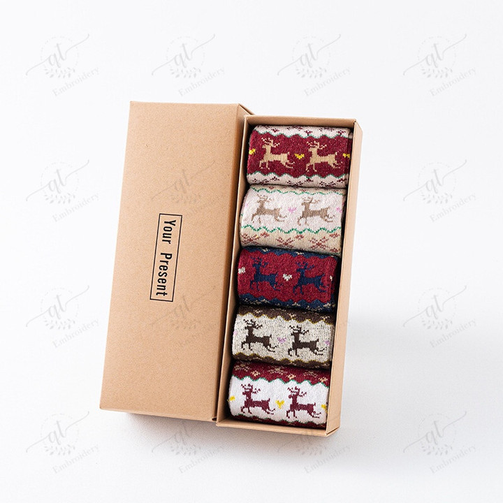 Box of 5 Pairs Lovely Christmas Style Wool Socks for Women Christmas Winter Embroidery Floral Cotton Socks/Christmas Vintage Cashmere Wool Thermal Socks/Hoisery and Socks