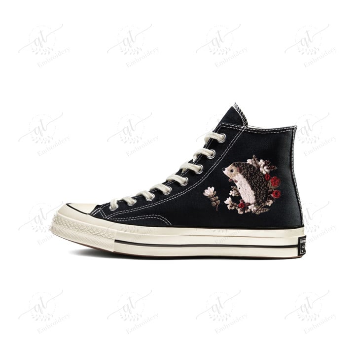 Personalize Hedgehog Flowers Embroidery Shoes, Converse Hedgehog Florals Embroidery Chuck Taylor High Top, Custom Hedgehog Converse, Custom Handmade Embroidery Converse