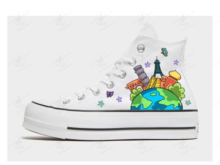Personalize Traveling Painting Shoes, Converse Airplane Chuck Taylor High Top, Custom Traveling Converse, Custom Handmade Painted Converse