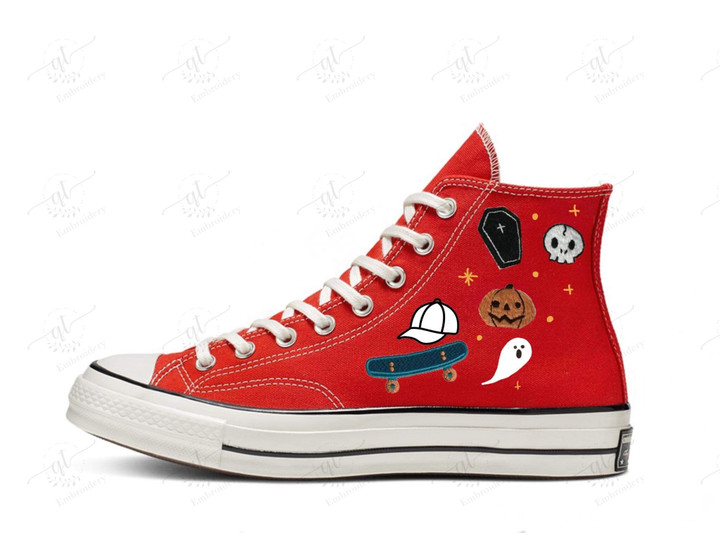 Personalize Skate and Halloween Embroidery Shoes, Converse Skate Ghost Embroidery Chuck Taylor High Top, Custom Skate Halloween Converse, Custom Handmade Embroidery Converse