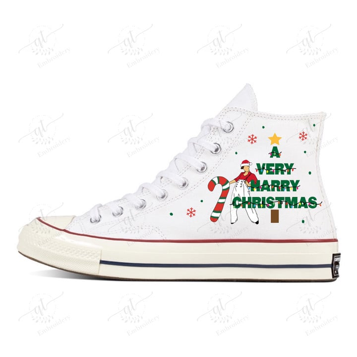 Personalize Harry Style Christmas Painting Shoes, Converse Harry Style Chrismas Chuck Taylor High Top, Custom Harry Style Chrismas Converse, Custom Handmade Painted Converse