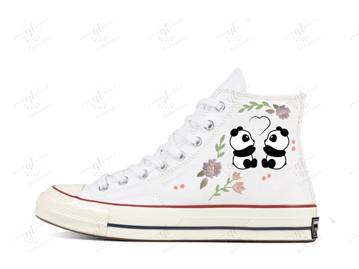 Personalize Flowers Panda Embroidery Shoes, Converse Panda Flowers Embroidery Chuck Taylor High Top, Custom Floral Bear Converse, Custom Handmade Embroidery Converse