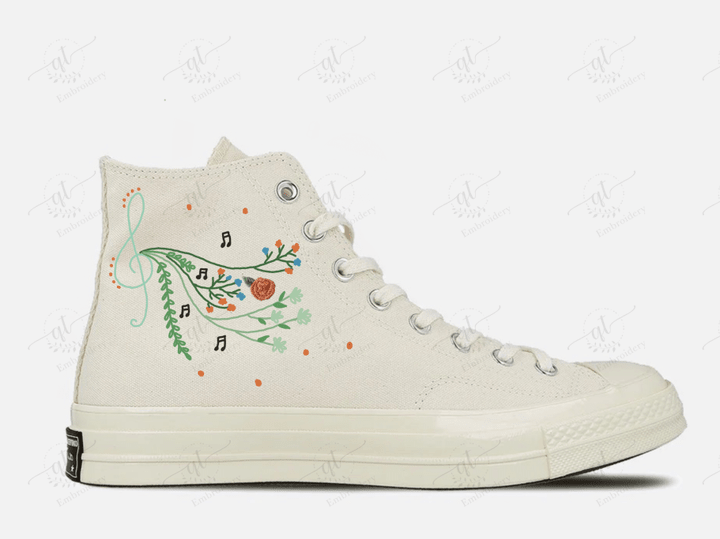 Personalize Musical Notes Florals Embroidery Shoes, Converse Florals Music Embroidery Chuck Taylor High Top, Custom Music Converse, Custom Handmade Embroidery Converse