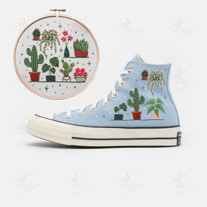 Personalize Leaves Embroidery Shoes, Converse Planets Embroidery Chuck Taylor High Top, Custom Handmade Embroidery Converse