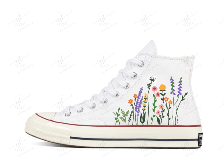 Personalize Flowers Embroidery Shoes, Converse Florals Embroidery Chuck Taylor High Top, Custom Handmade Embroidery Converse