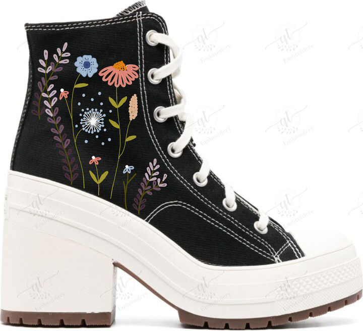 Personalize Wild Flower Embroidery Shoes, Converse Florals Embroidery Converse Chuck 70 De Luxe Heel High, Custom Handmade Embroidered Converse