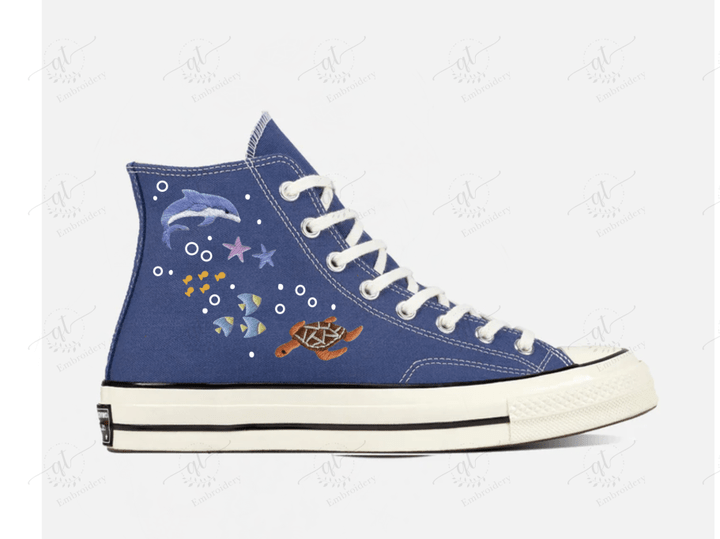 Personalize Sea Embroidery Shoes, Converse Ocean Embroidery Chuck Taylor High Top, Custom Handmade Embroidered Converse