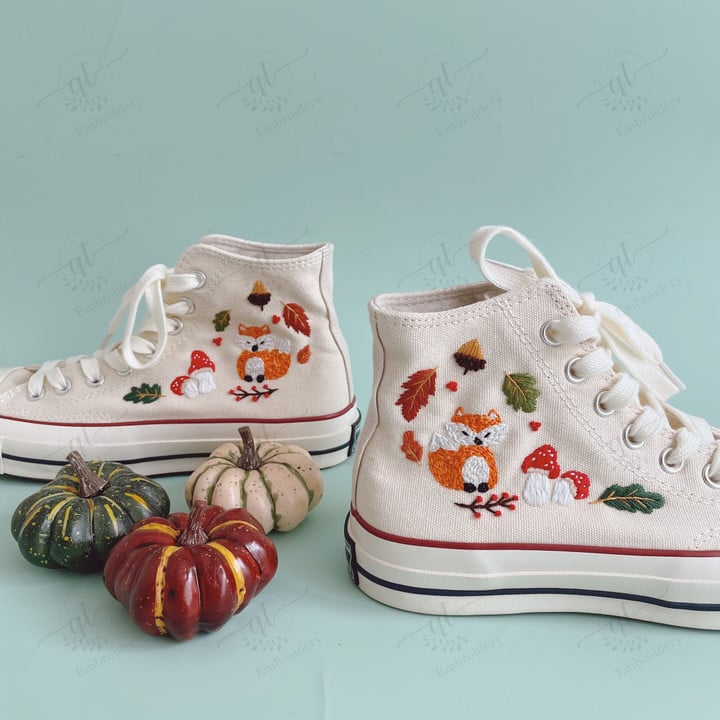 Personalize Embroidery Fall Squirrel Shoes, Converse Autumn Chuck Taylor High Top, Mushroom Embroidery Converse