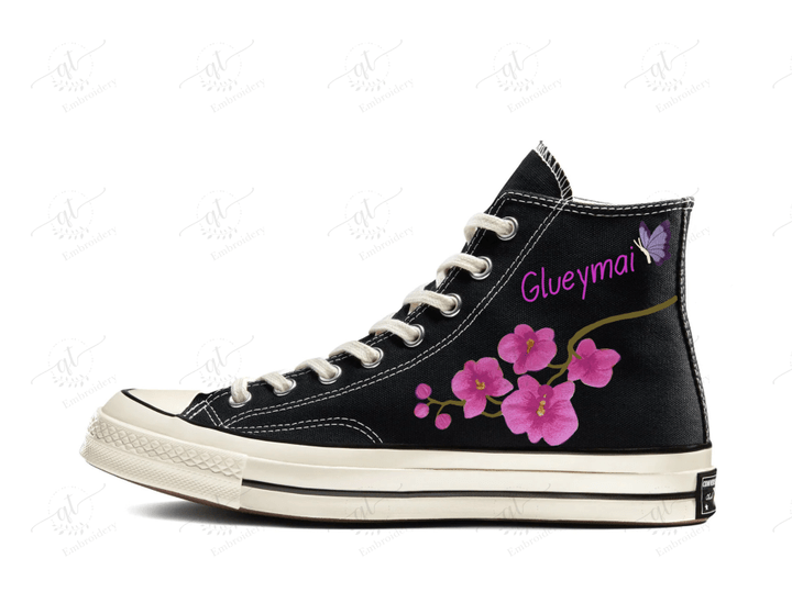 Personalize Orchid Flower Embroidery Shoes, Converse Florals Embroidery Converse Chuck 70 De Luxe Heel High, Custom Handmade Embroidered Converse