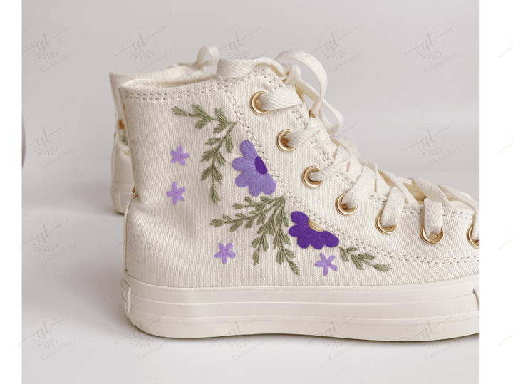 Personalize Wedding Florals Embroidery Converse, Flowers Embroidery Chuck Taylor High Top, Embroidered Converse