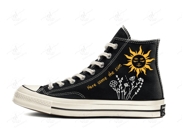 Personalize The Sun Embroidery Converse, Flowers Embroidery Chuck Taylor High Top, Florals Embroidered Converse