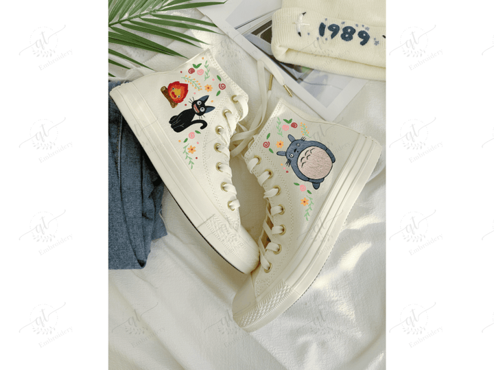Personalize Ghibli Embroidery Converse, Totoro Embroidery Chuck Taylor High Top, Calcifer Embroidered Converse