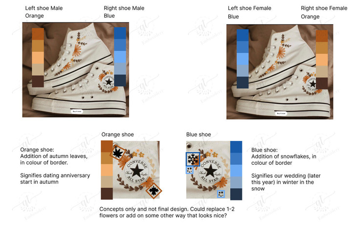 Personalize Couple Flowers Embroidery Converse, Orange and Blue Flowers Embroidery Chuck Taylor High Top, Embroidered Converse