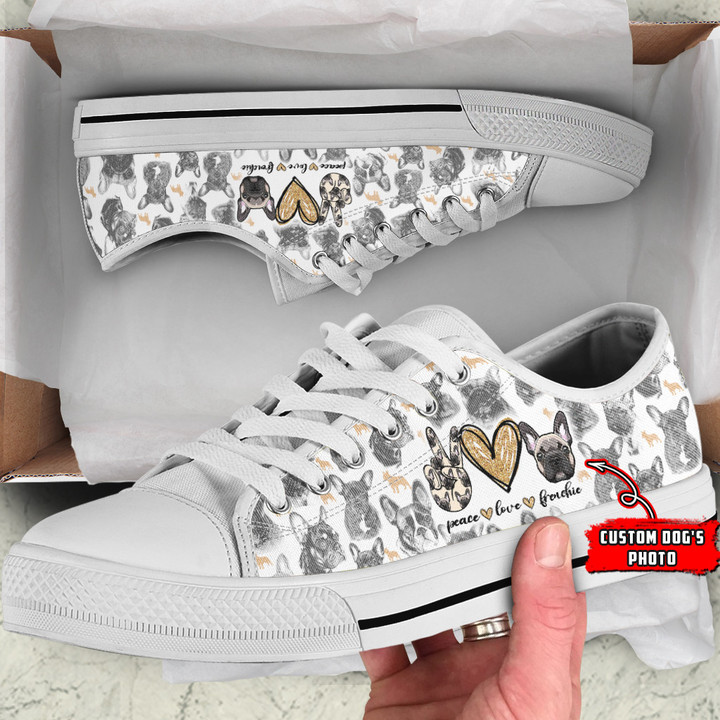 PEACE LOVE FRENCHIE LOW TOP SHOES - Custom Dog's Photo M6 THS2304180601