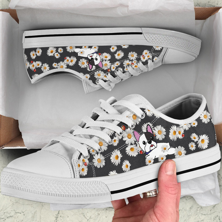 White French Bulldog - Daisy Flowers Low Top Shoes THS23053107