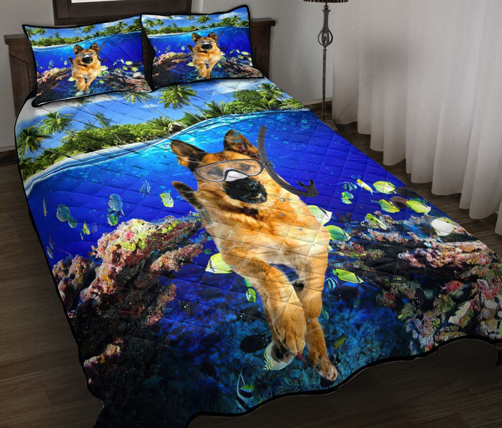 DIEDOG2307002-DIQDOG2307002 German Shepherd DIVING Quilt Bed Set & Quilt Blanket