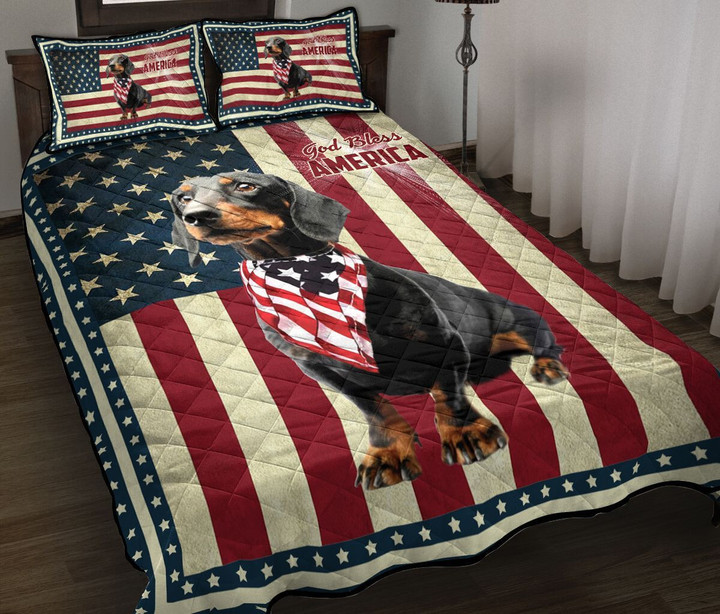 Black Dachshund God Bless America Quilt Bed Set & Quilt Blanket
