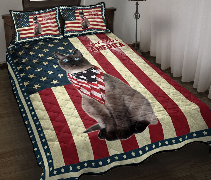 Siamese Cat God Bless America Quilt Bed Set & Quilt Blanket