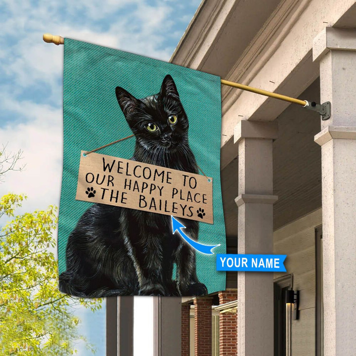 THF20072402 Black Cat--Welcome to our happy place Personalized Flag