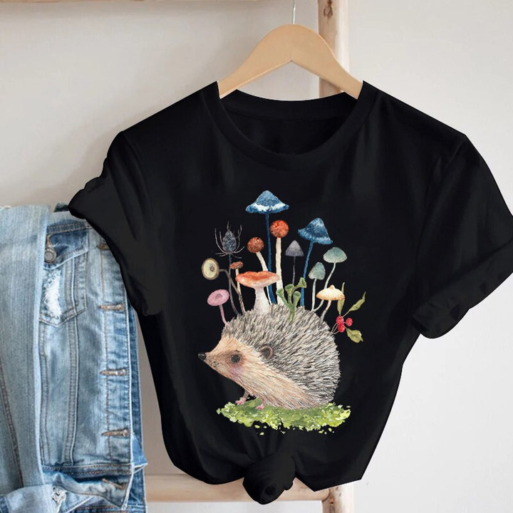 Cartoon Hedgehog Floral Print T-Shirt Women 2022 Short Sleeve O-Neck T-Shirt Harajuku Black Top Casual Women's T-Shirt