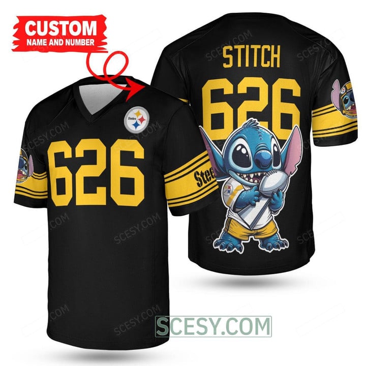 Pittsburgh Steelers x Lilo & Stitch with Super Bowl Trophy Custom Jersey Black