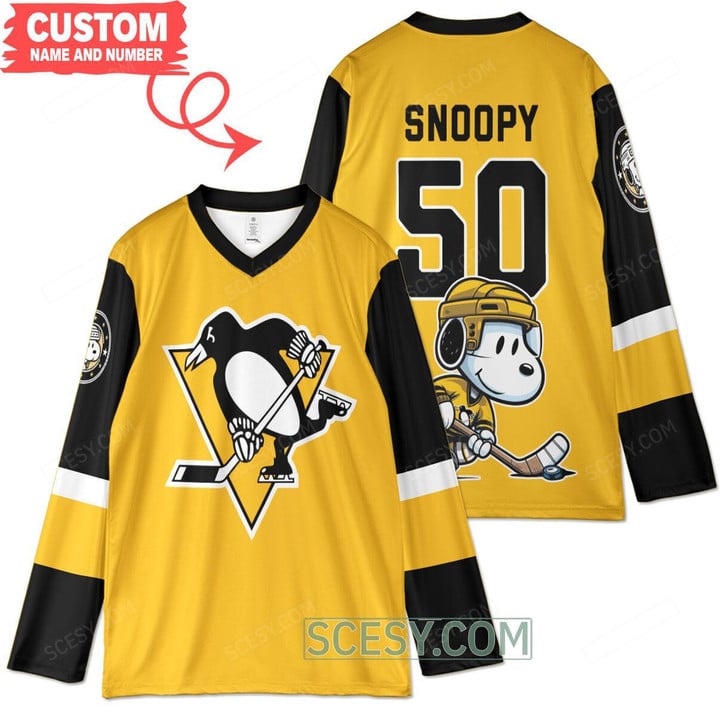 Pittsburgh Penguins x Snoopy and Charlie Brown Custom Hockey Jersey Gold Alt