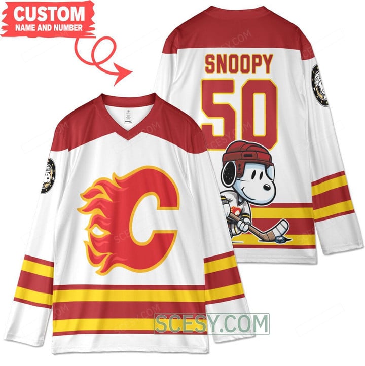 Calgary Flames x Snoopy and Charlie Brown Custom Hockey Jersey White Away