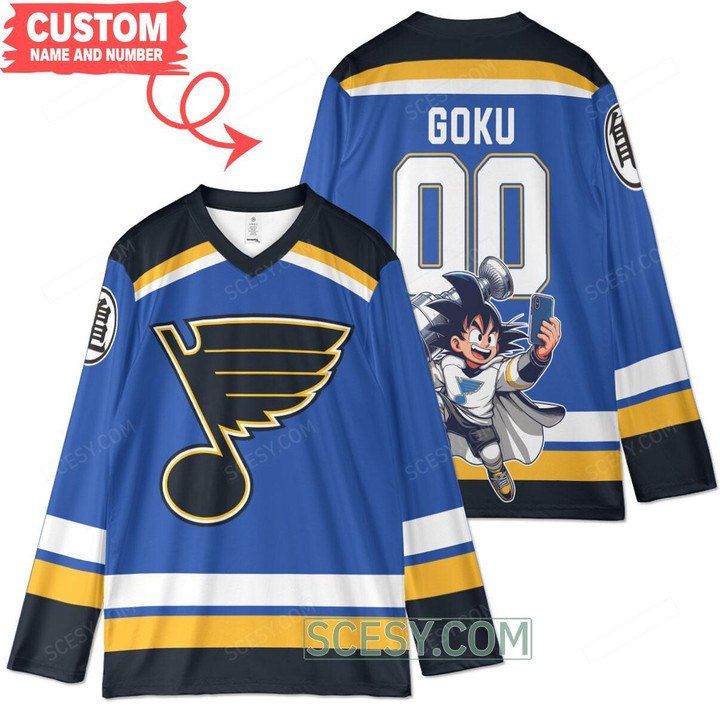 St. Louis Blues x Son Goku Kakarot Super Saiyan Dragon Ball Z Hockey Jersey Blue Home
