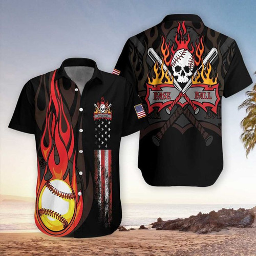 Flame Baseball Skull Hawaiian Shirt