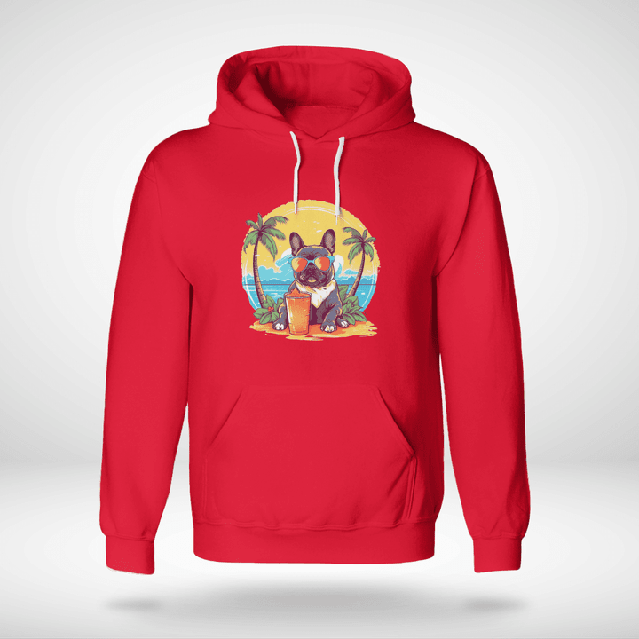 Hoodie With The Image Of A Bulldog Sitting And Drinking Sugarcane Juice On The Beach  Full Size  Multicolor