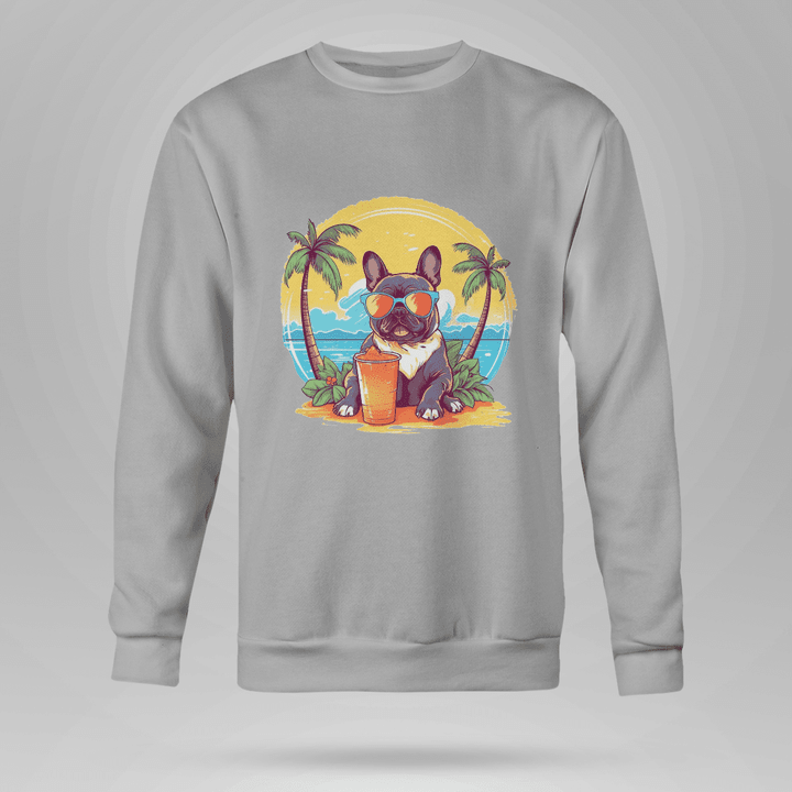 Crewneck Sweatshirt With The Image Of A Bulldog Sitting And Drinking Sugarcane Juice On The Beach  Full Size  Multicolor
