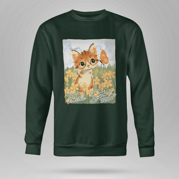 Crewneck Sweatshirt With A Kitten In A flower Field  Full Size  Multicolor