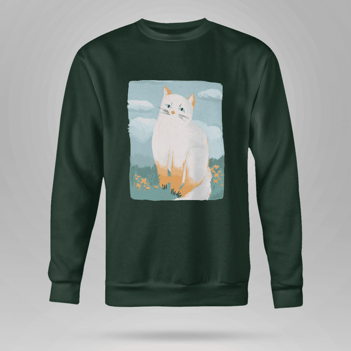 Crewneck Sweatshirt With A Chubby Cat By The Flower Forest  Full Size  Multicolor