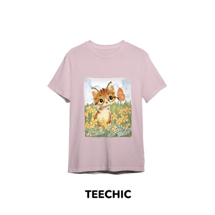 Unisex Tshirt With A Kitten In A flower Field Full Size Multicolor
