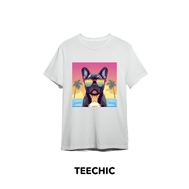 Unisex Tshirt With A Picture Of A Dog Sticking Out His Tongue On The Beach Full Size Multicolor