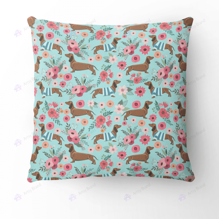 Blue floral dachshund pillow