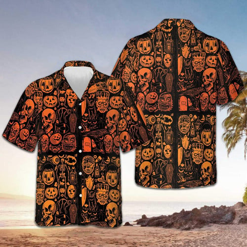 Skull Pumpkin Halloween Hawaiian Shirt Horror Themed Halloween Button Up Shirt Mens