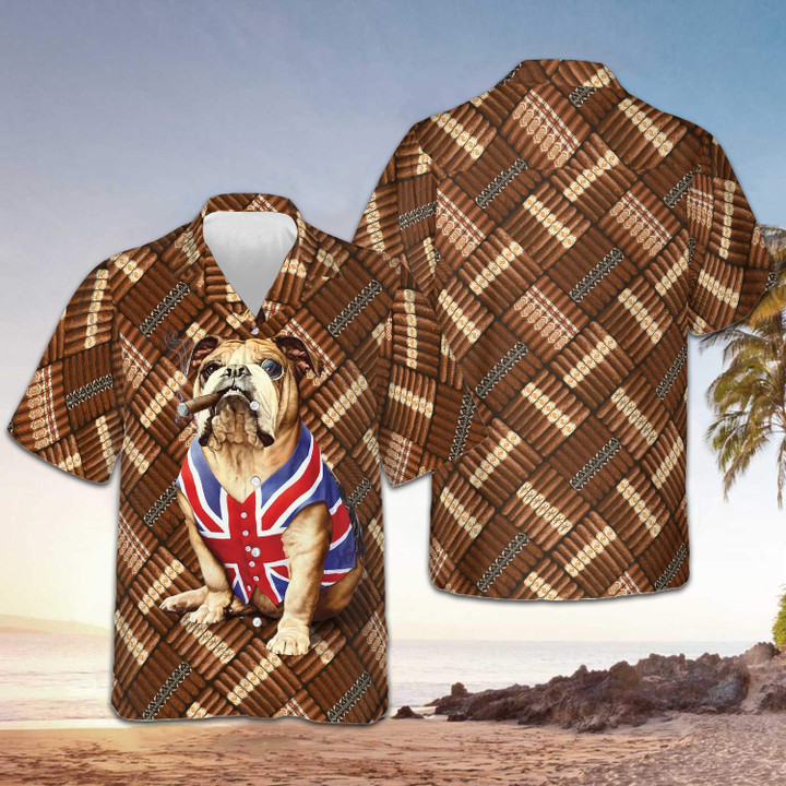 Bulldog Wearing UK Flag Smoking Cigar Hawaiian Shirt Shirt Cool Bulldog Graphic Tee
