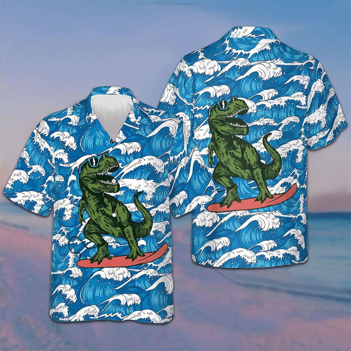 Surfing T-Rex Dinosaur Hawaiian Shirt Funny Humor Beach Button Up Shirt Dinosaur Lovers Gifts