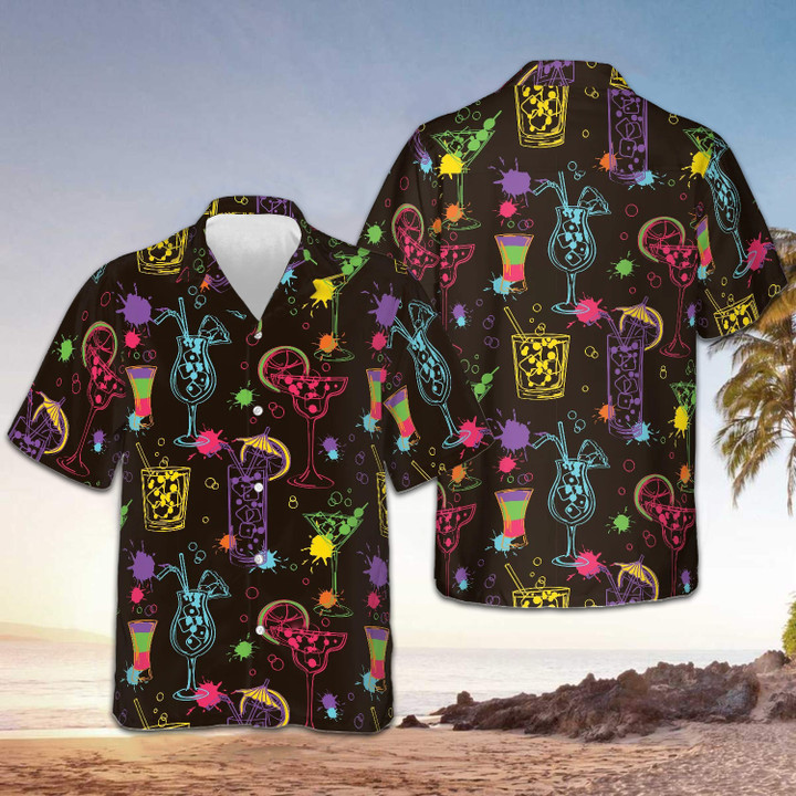 Colorful Cocktail Hawaiian Shirt Mens Short Sleeve Summer Aloha Shirts